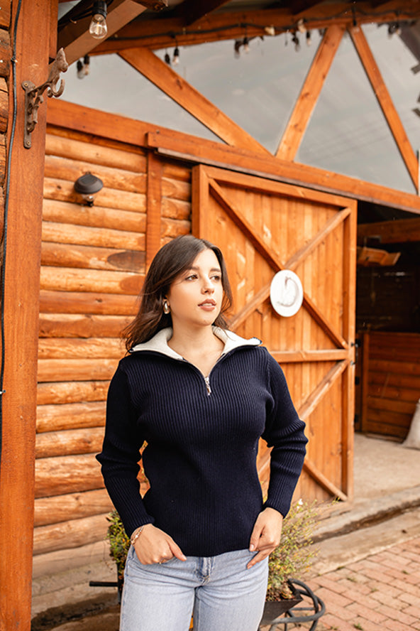 Sweater canal media cremallera - Azul oscuro