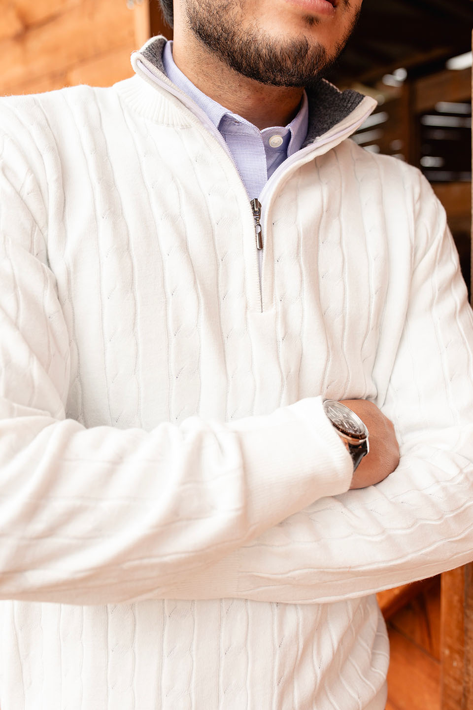 Sweater trenzado media cremallera - Blanco nacar