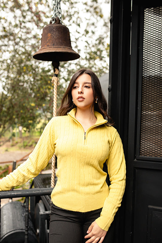 Sweater trenzado media cremallera - Amarillo