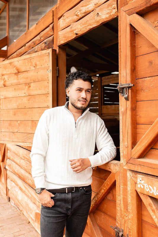 Sweater trenzado media cremallera - Blanco nacar