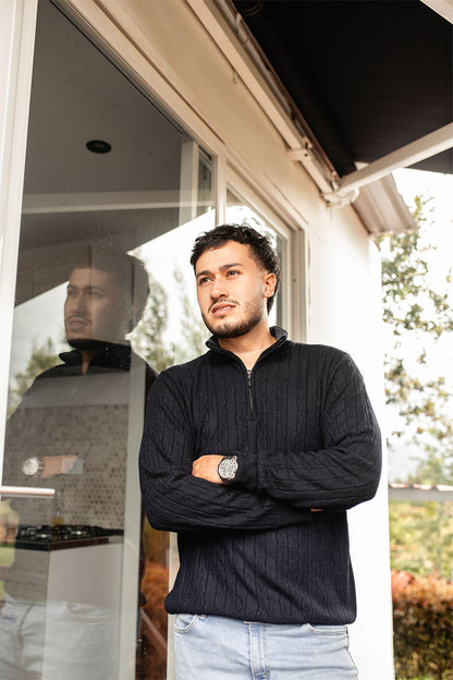 Sweater trenzado media cremallera - Negro