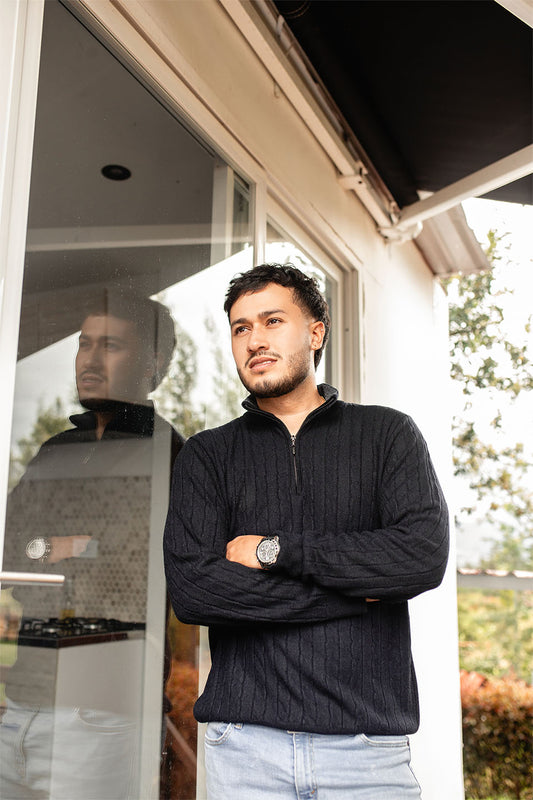 Sweater trenzado media cremallera - Negro