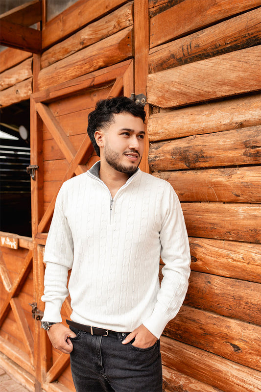 Sweater trenzado media cremallera - Blanco nacar