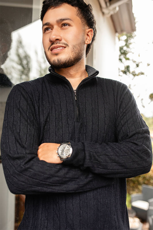 Sweater trenzado media cremallera - Negro