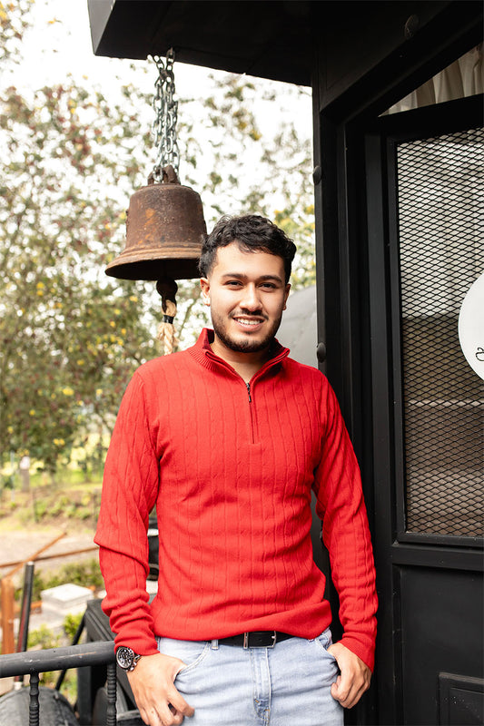 Sweater trenzado media cremallera - Rojo