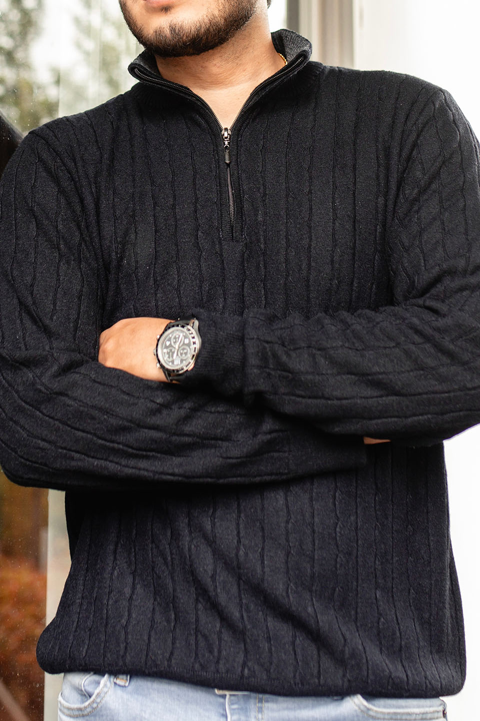 Sweater trenzado media cremallera - Negro