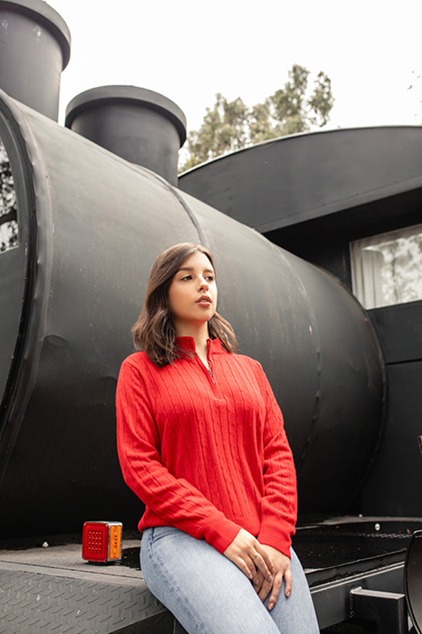 Sweater trenzado media cremallera - Rojo
