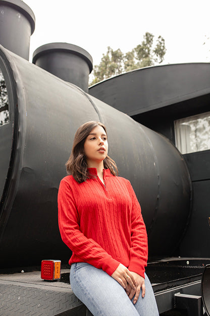 Sweater trenzado media cremallera - Rojo