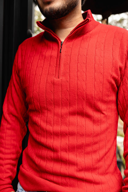 Sweater trenzado media cremallera - Rojo