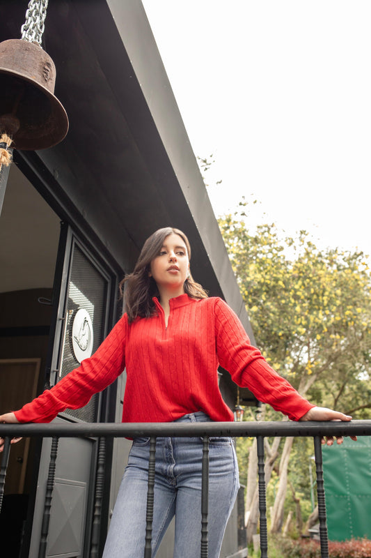 Sweater trenzado media cremallera - Rojo