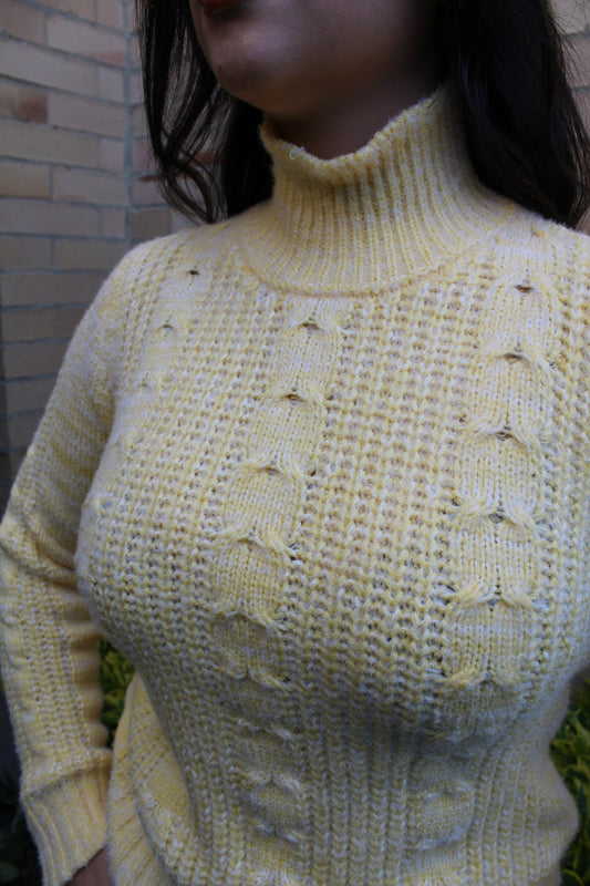 Suéter trenzado cuello tortuga - Amarillo pastel