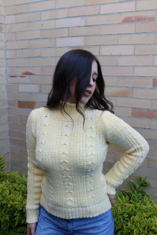 Suéter trenzado cuello tortuga - Amarillo pastel