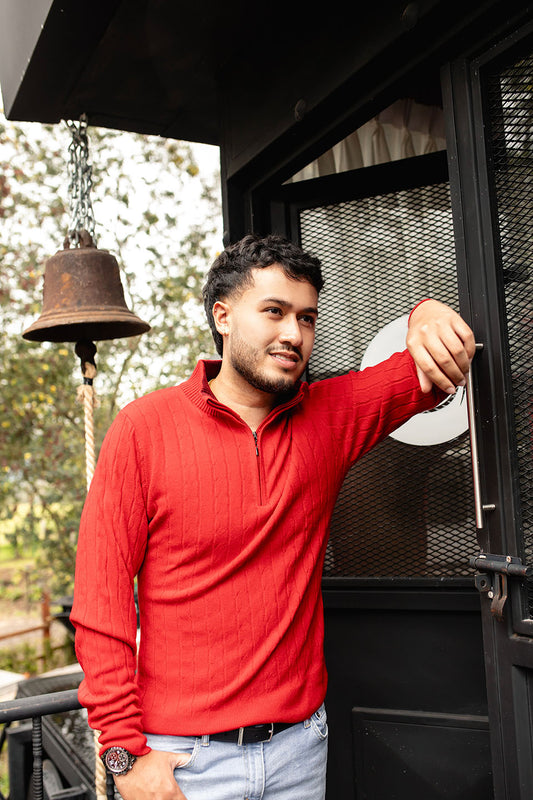 Sweater trenzado media cremallera - Rojo