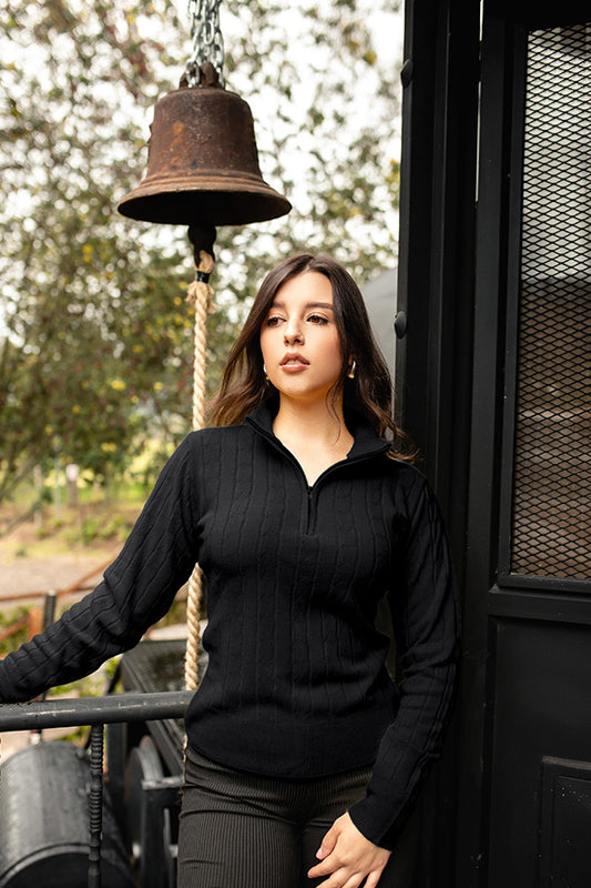 Sweater trenzado media cremallera - Negro