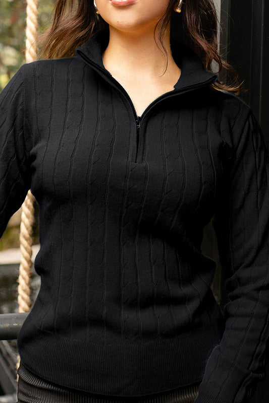 Sweater trenzado media cremallera - Negro